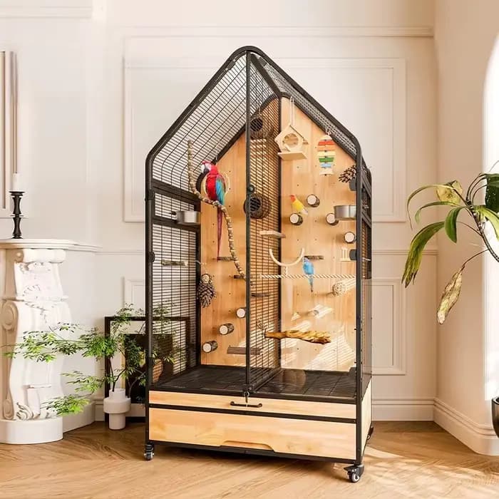 Cage à oiseaux panoramique en bois massif 2026, design de villa de luxe pour oiseaux moyens et grand