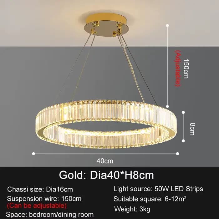 Lustre en cristal à anneau LED pour salon, salle à manger, lampe ronde en cristal, or, décoration mo