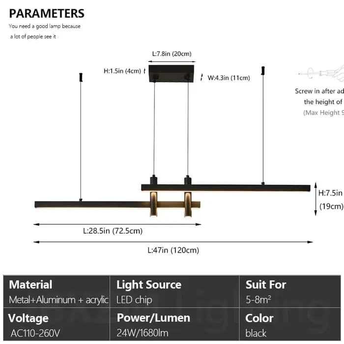 Lustre linéaire noir moderne pour salle à manger, lampe suspendue créative pour îlot de cuisine, tab