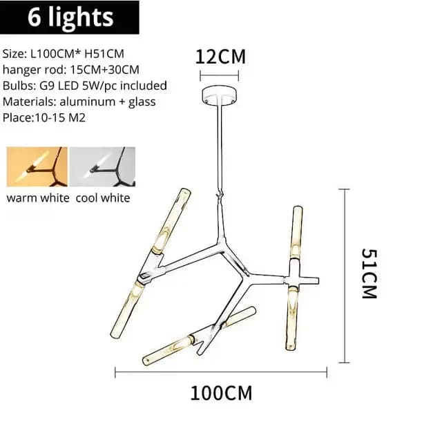Lustre de branche d'arbre minimaliste moderne, Tube de verre de luxe, lumière irrégulière pour LOFT