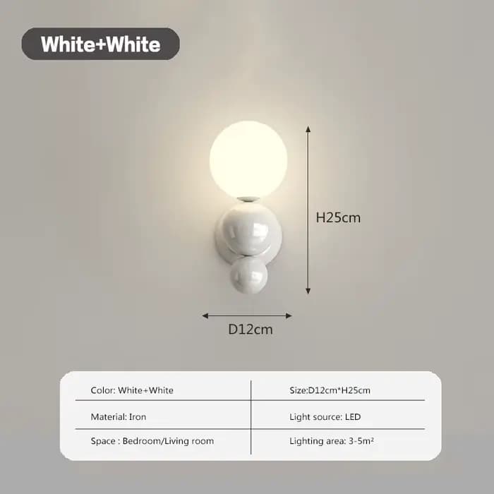 Lampe murale LED de chevet de chambre à coucher, en forme de perle, blanche, couleur contrastée, lam