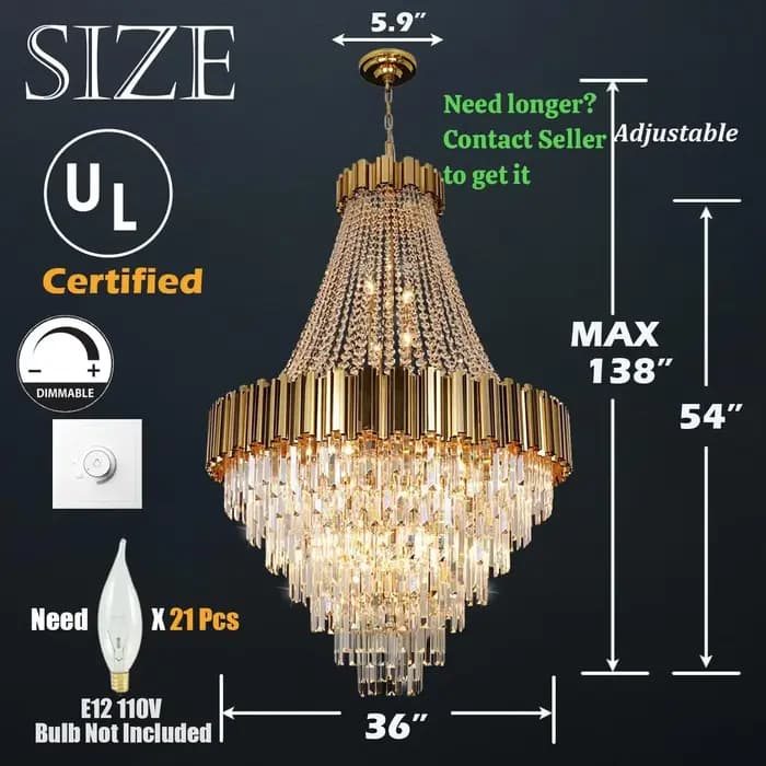 Lustre en Clip de Luxe Rond en Acier Inoxydable Chrome/Or, Suspension pour Salle à Manger, Décor de