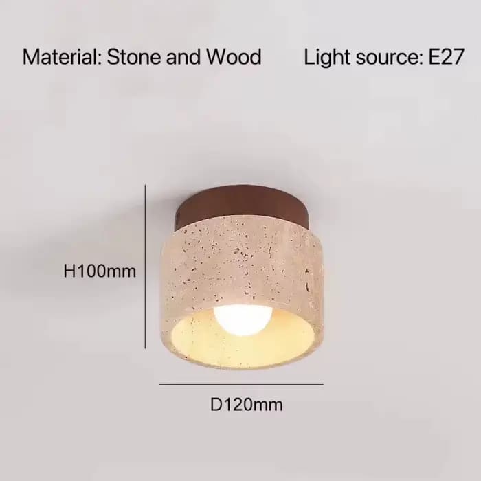Plafonnier cylindrique en travertin, downlight en pierre véritable avec ampoule E27