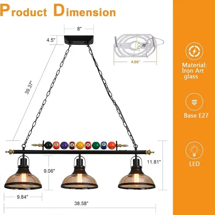Lampe à suspension de billard rétro LED avec 3 abat-jour en verre lustre réglable Table à manger pou