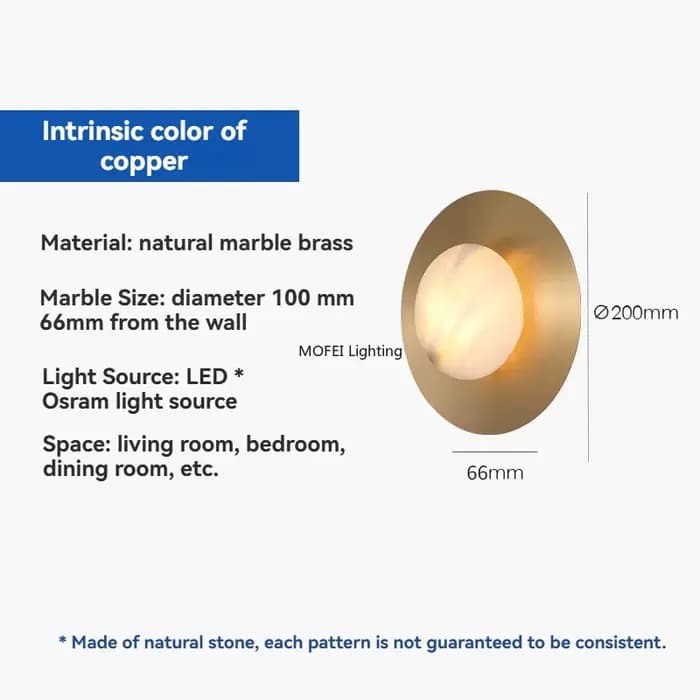 Applique murale américaine en laiton avec marbre espagnol naturel, luminaire rond pour salon, chambr