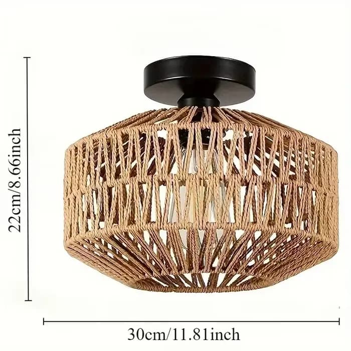 Lustre rétro de ferme française – Abat-paille et Jute tissé à la main avec cadre en fer forgé, éclai