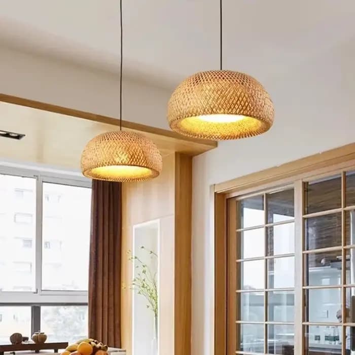 Lanterne en bambou 38/45cm, lampe suspendue en rotin naturel et osier E27, lustres tissés à la main, luminaire suspendu