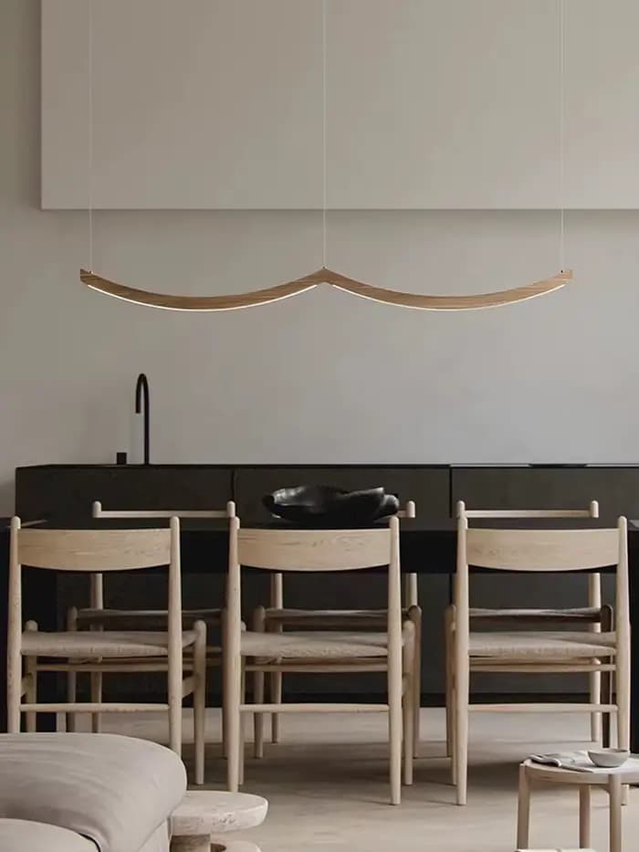 Arc en bois moderne minimaliste longue suspension LED Restaurant Table à manger lustres à la mode luminaires bûche naturelle