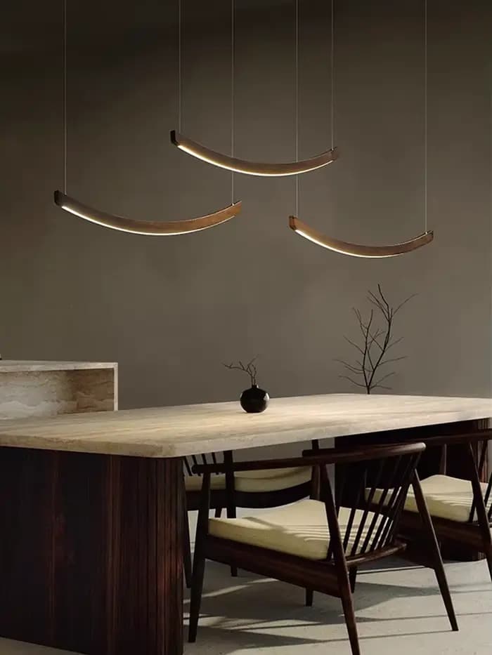 Arc en bois moderne minimaliste longue suspension LED Restaurant Table à manger lustres à la mode luminaires bûche naturelle