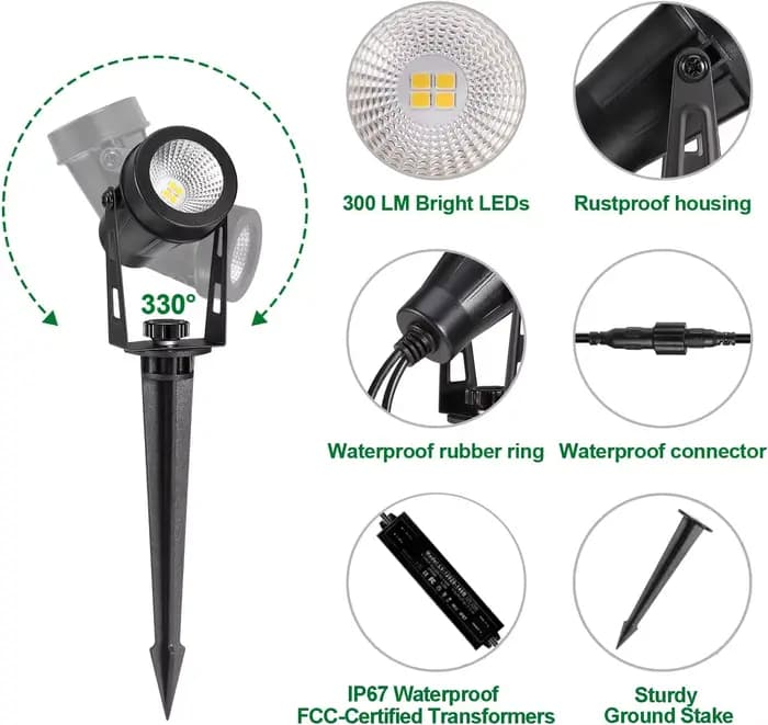 Éclairage paysager extérieur, paquet de 4 à 10 spots LED avec transformateurs, projecteur enfichable étanche IP65 basse tension 12V