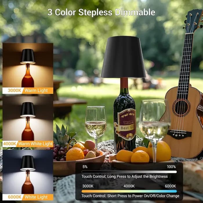 Lampe de table LED en forme de bouteille, tactile, 3 couleurs, rechargeable, portable, décoration de bureau, lampe pour bar, restaurant, camping, décoration d'ambiance