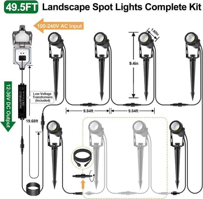 Éclairage paysager extérieur, paquet de 4 à 10 spots LED avec transformateurs, projecteur enfichable étanche IP65 basse tension 12V