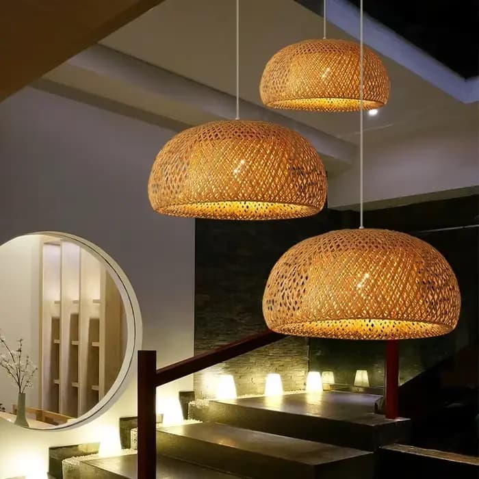 Lanterne en bambou 38/45cm, lampe suspendue en rotin naturel et osier E27, lustres tissés à la main, luminaire suspendu