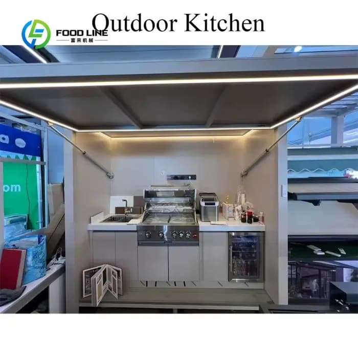 Îlot de cuisine extérieur personnalisé avec évier et rangement en alliage d'aluminium, léger, durable et parfait pour les espaces de cuisson