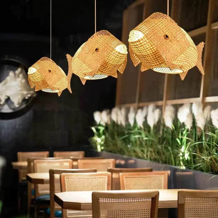 Lampes suspendues modernes nordiques Art de poisson créatif luminaire en bambou LED décor de salon lampes suspendues cuisine Restaurant lumière