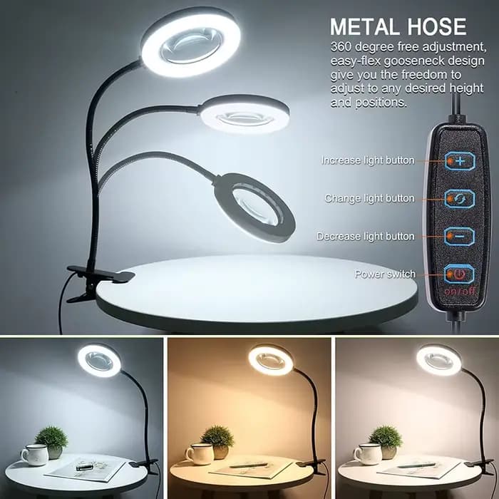 Loupe grossissante 5/10X avec lumière, 3 couleurs, 10 niveaux de luminosité, lampe loupe à 28/56 LED pour la lecture, l'artisanat, la peinture et les travaux de précision