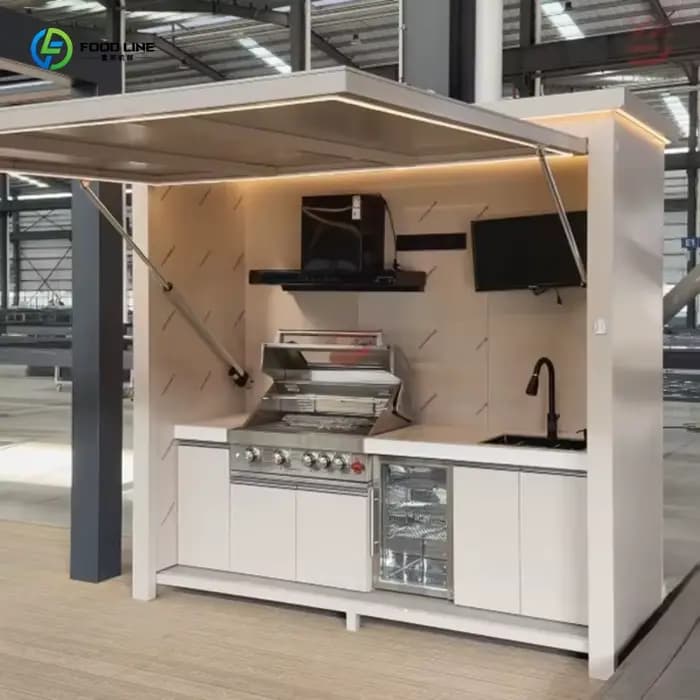 Îlot de cuisine extérieur personnalisé, léger, durable, avec structure en aluminium, équipé d'un évi