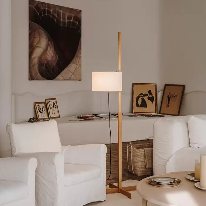 Lampe sur pied japonaise design en tissu, réglable et relevable, lampe sur pied rétro en bois pour salon, lecture
