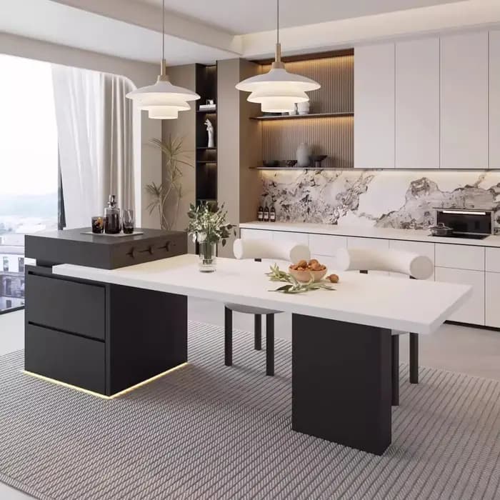 Chariot d'îlot de cuisine avec table à manger extensible pour 4 à 6 personnes, îlot de cuisine roulant avec plateau en ardoise, barre d'îlot de cuisine de rangement