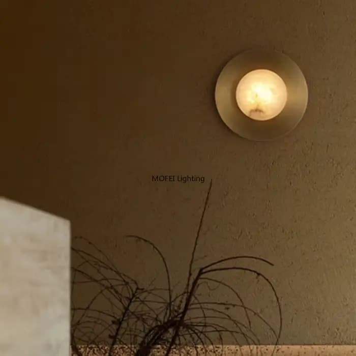 Applique murale américaine en laiton avec marbre espagnol naturel, luminaire rond pour salon, chambre à coucher, chevet, couloir, décoration intérieure