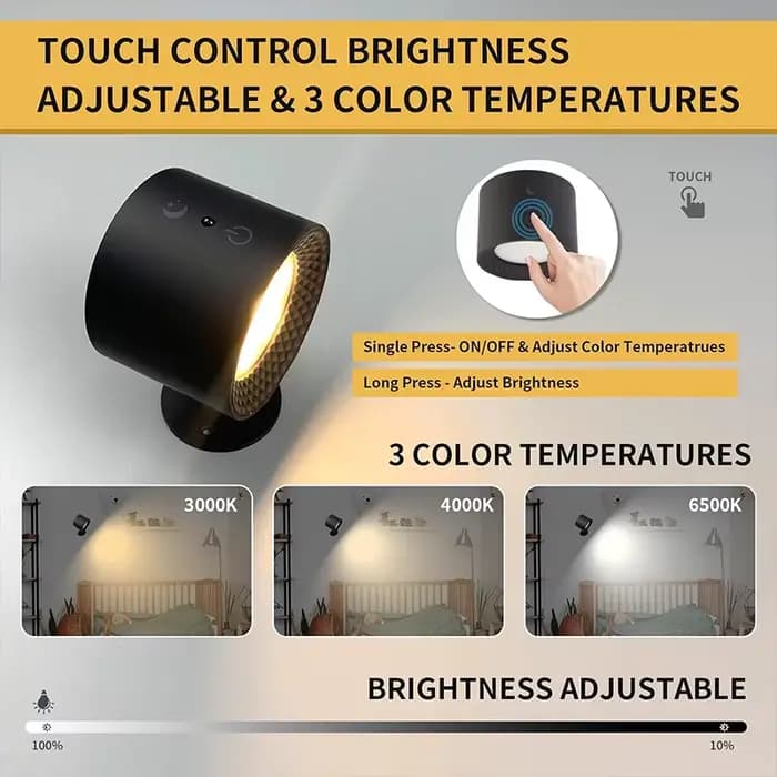 Lampe murale Led Double tête, commande tactile, télécommande rotative à 360 degrés, Recharge USB, veilleuse Portable sans fil pour chambre à coucher, lampe de lecture