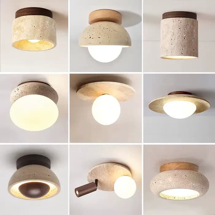 Plafonnier rond en bois travertin unique, rétro crémeux et Wabi du milieu du siècle – Style Sabi, idéal pour porche, balcon et couloir