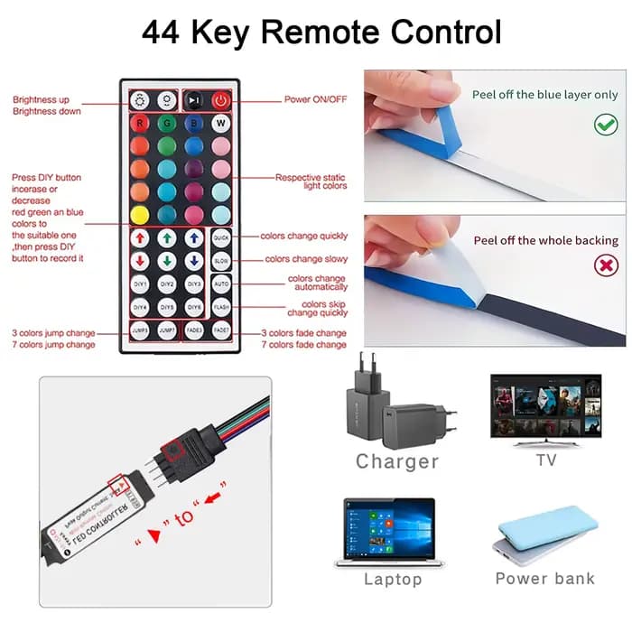 Bande lumineuse Led avec télécommande à 44 touches, 1m, 5m, 10m, 20m, RGB, pour salle murale, maison, chambre à coucher, décor de fête, rétro-éclairage TV