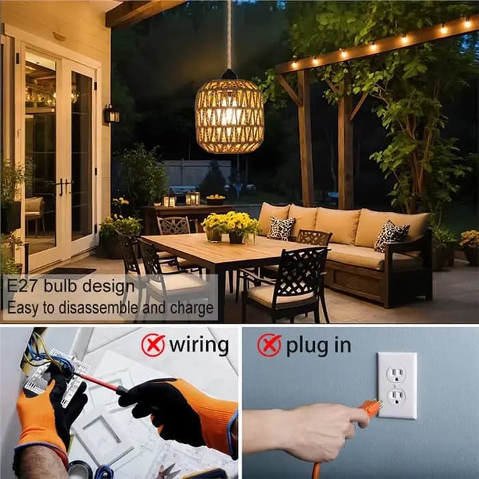 Lustre d'extérieur alimenté par batterie SHGO, luminaire suspendu en rotin tressé pour gazebo, pergola, véranda, décoration inté