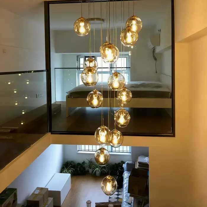 Lustre moderne pour escalier en colimaçon, lampe à boule de cristal, éclairage long pour salon, villa, loft, salle à manger, nouveau design 2026
