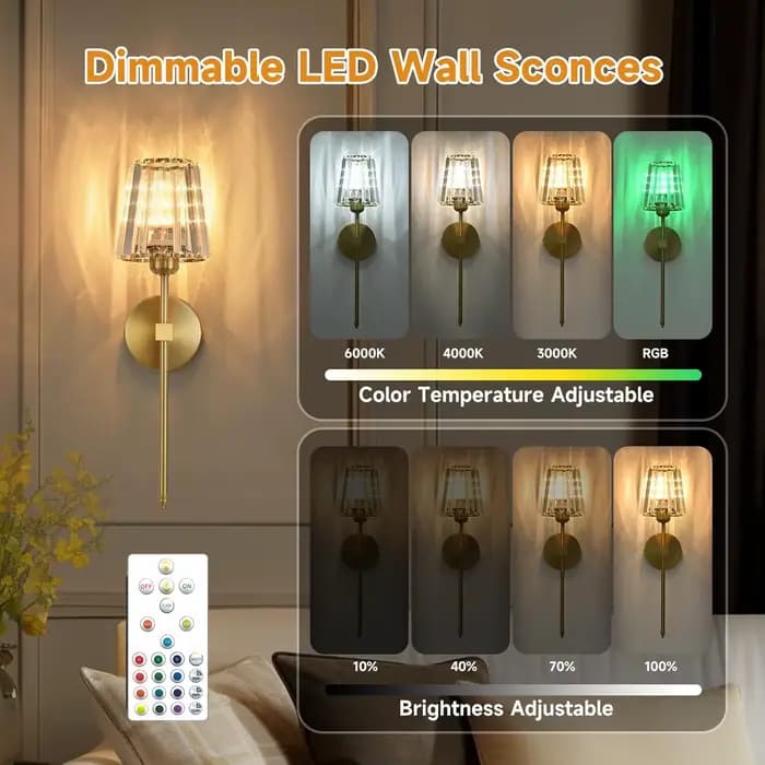 Lot de 2 appliques murales en cristal, applique murale à intensité variable avec abat-jour en cristal pour salon, chambre à coucher, ampoules incluses