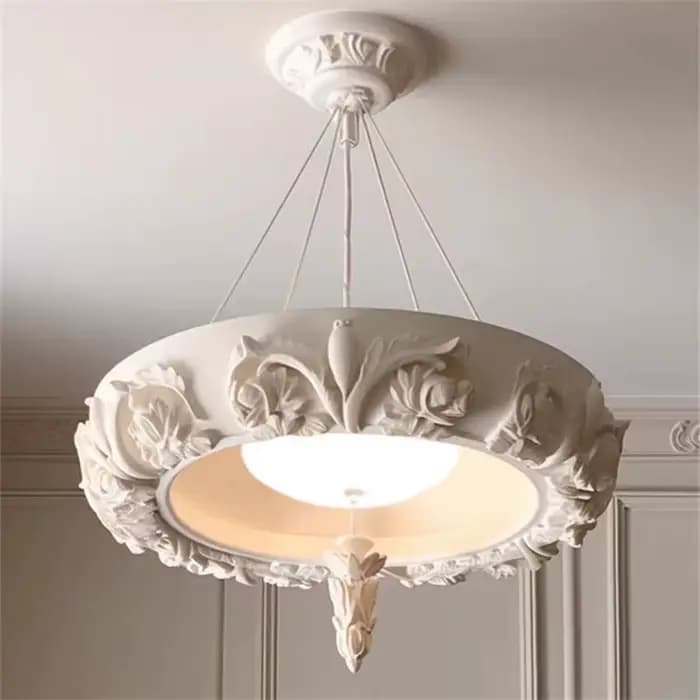 Lustre artistique en plâtre sculpté rétro blanc gypse rond suspension chambre salon milieu du siècle plafonnier français