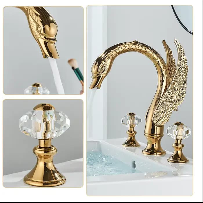 Golden Hotings-Bassin en forme d'oiseau, robinet de baignoire, deux creux en cristal Foy, centre commercial chaud et froid, grue, ensemble de 3 pièces, fz