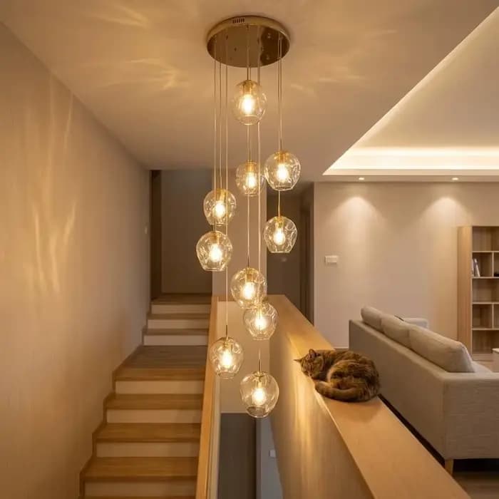 Lustre moderne pour escalier en colimaçon, lampe à boule de cristal, éclairage long pour salon, villa, loft, salle à manger, nouveau design 2026