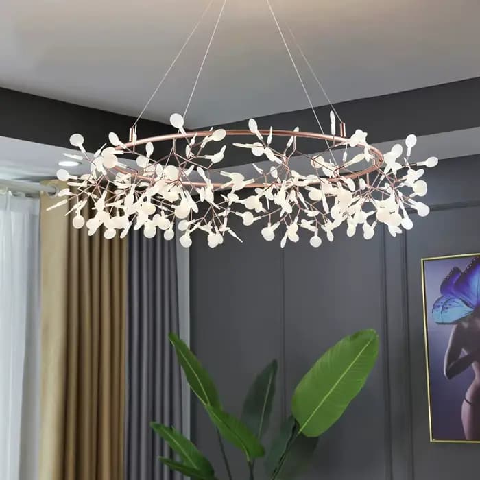 Lustre Nordique Artistique Suspendu pour Salon, Lampe Moderne pour Restaurant et Cuisine, Luminaire Gypsophile Doré Rose/Noir en Forme de Branche Ronde pour Intérieur