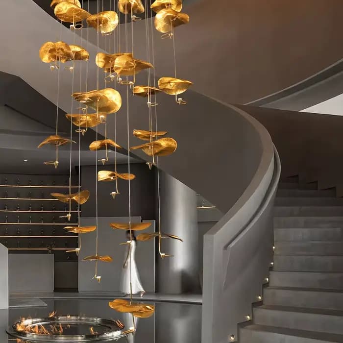 2025 nouveau cuivre Lotus suspension grand lustre moderne pour escalier salon Air Loft sol suspension lampe Lustre luminaire