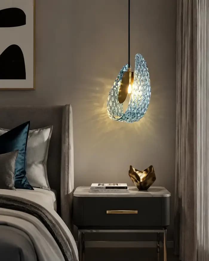 Lampe suspendue de luxe en verre bleu cuivre, luminaire moderne pour chambre à coucher, lampe suspendue de chevet, lustre LED G9 pour tête de lit, décoration intérieure