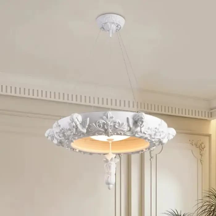 Lustre artistique en plâtre sculpté rétro blanc gypse rond suspension chambre salon milieu du siècle plafonnier français