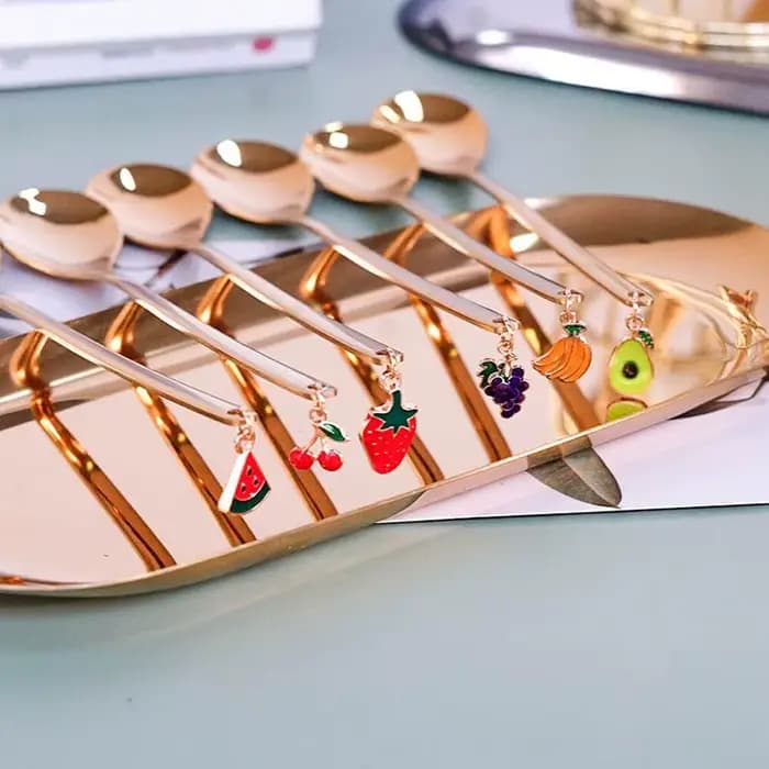 Nouveau Cuillère pendentif fruits doré, vaisselle en acier inoxydable, cuillère à remuer, cuillère à café en argent