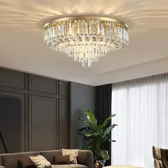 Lustre de plafond en cristal Led pour salon moderne créatif décor à la maison lampe ronde de luxe noir or argent luminaire