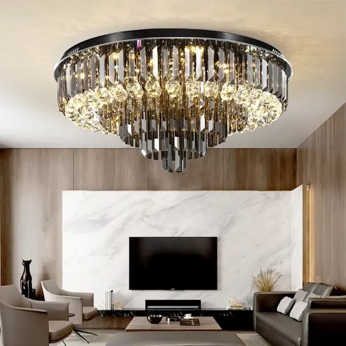 Lustre de plafond en cristal Led pour salon moderne créatif décor à la maison lampe ronde de luxe noir or argent luminaire