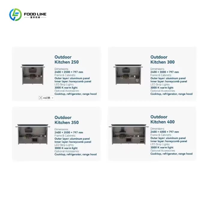 Îlot de cuisine extérieur personnalisé, léger, durable, avec structure en aluminium, équipé d'un évier et d'un meuble de rangement