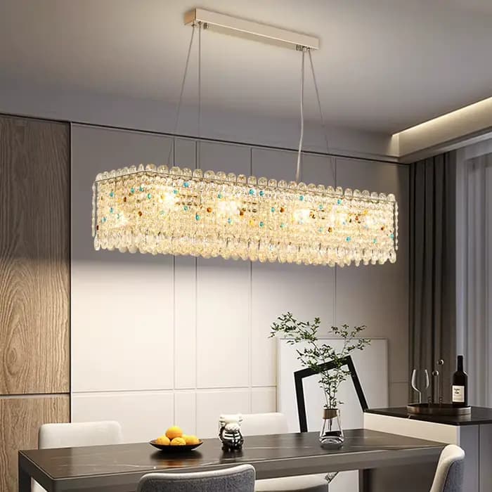 Lustre en cristal de luxe pour salle à manger, lampe suspendue Led pour décoration de maison, nouveau luminaire rectangulaire moderne doré pour îlot de cuisine