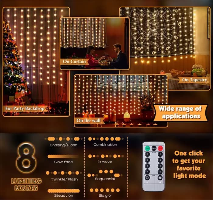 Rideau lumineux LED avec télécommande USB, 8 modes, décoration de noël pour la maison, vacances, nouvel an