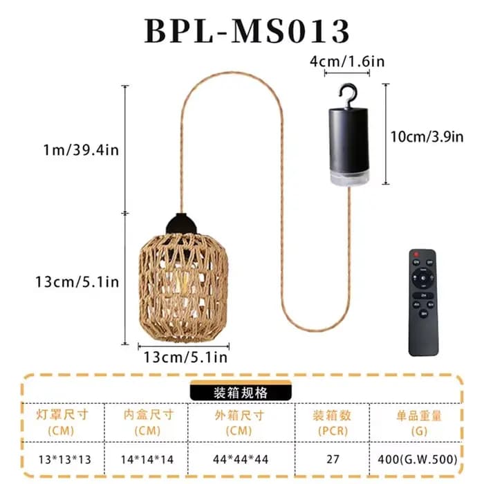 Lustre d'extérieur alimenté par batterie SHGO, luminaire suspendu en rotin tressé pour gazebo, pergola, véranda, décoration inté
