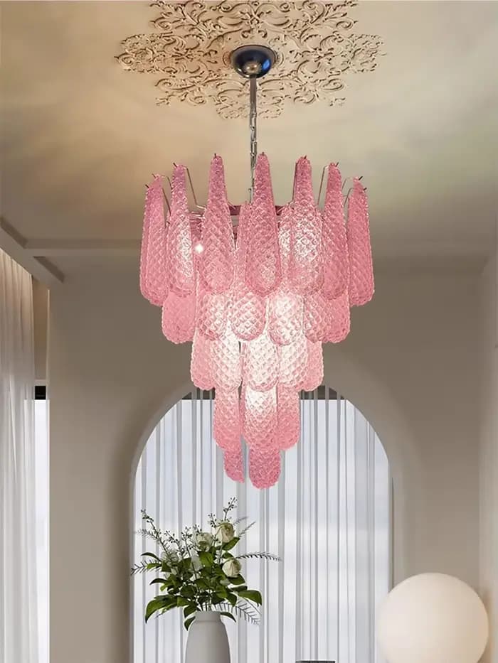 Lustre en verre rose en forme de goutte, lustre en verre de Murano, éclairage moderne du milieu du siècle, décoration de salon, luminaire suspendu pour escalier