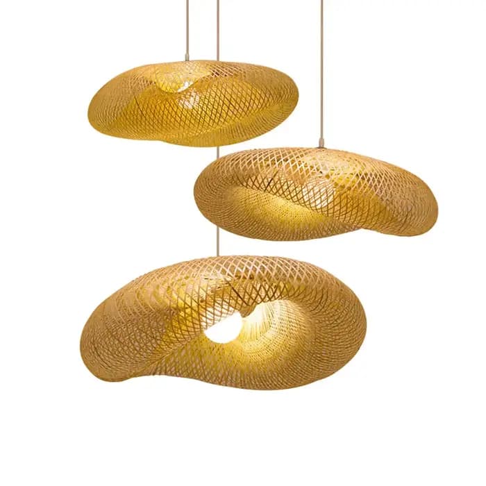 Lampe suspendue en bambou tressé pour salon, salle à manger, salon de thé – Décoration créative en forme de chapeau ondulé en rotin tressé