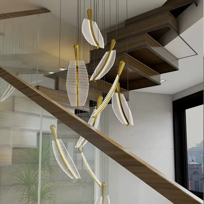 Lustre d'escalier moderne LED hôtel salon Restaurant feuille lustre Art design suspension lampe décoration créative longue lampe