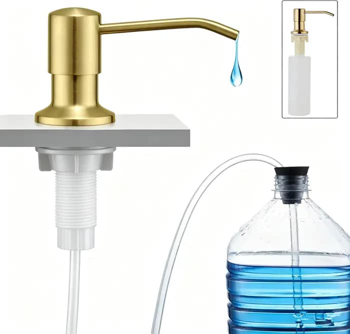 Distributeur de savon pour évier de cuisine Golden avec pompe, tube de 100 cm / bouteille de 350 ml, en acier inoxydable noir brossé chromé, distributeur à pression manuelle