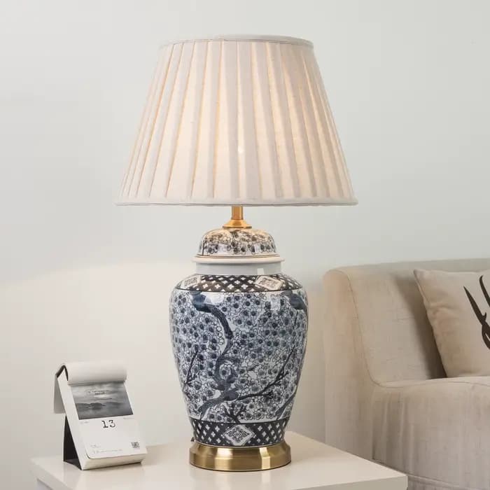 Lampe de table en céramique bleue vintage, grandes lampes de table en porcelaine pour villa, salon, maison, chambre à coucher de luxe, éclairage de chevet