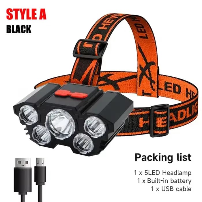 Lampe de poche à 5 LED, Rechargeable, avec batterie au Lithium intégrée, phare puissant, pour Camping, aventure, pêche, cyclisme